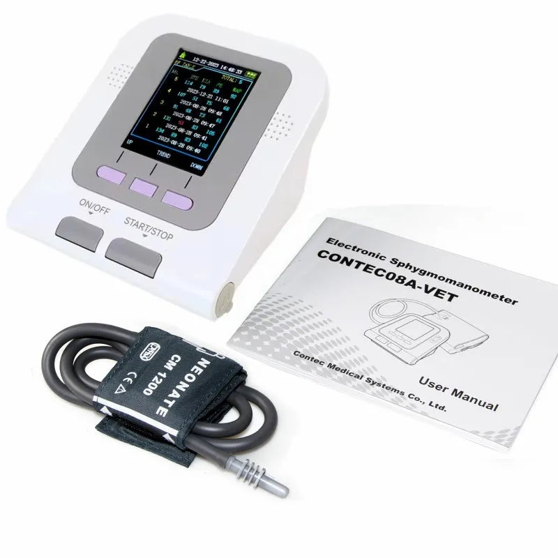 CONTEC08A-VET veterinary digital blood pressure monitor with colour screen and three animal cuffs.