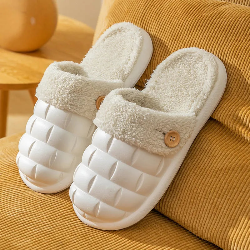 Pink and green detachable EVA slippers with plush lining and a textured sole.