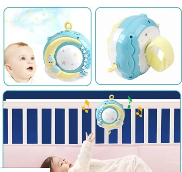 Rotating baby crib mobile with music box, projection, and remote control - plastic, available in blue and pink