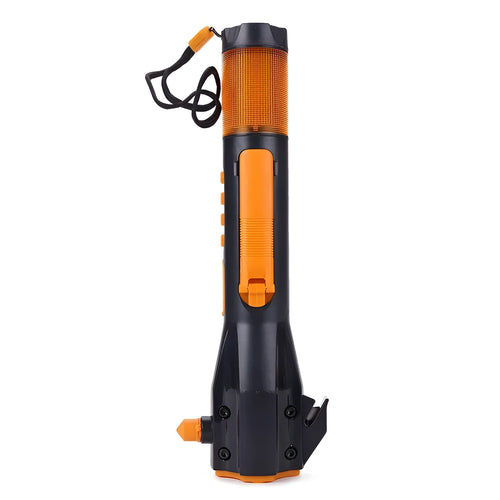 Orange and grey car safety hammer with window breaker, seat belt cutter, LED light, and AM/FM radio