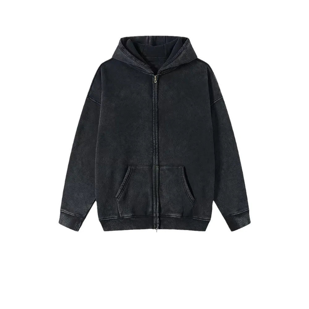 Men's washed cotton hooded cardigan sweater with fleece lining and a double zip front.