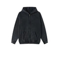 Men's washed cotton hooded cardigan sweater with fleece lining and a double zip front.