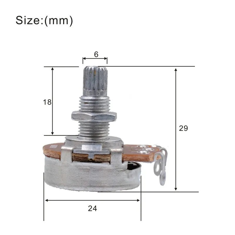 A single metal electric guitar control knob for potentiometers, shown with selection options for 250K or 500K resistance for tone or volume.