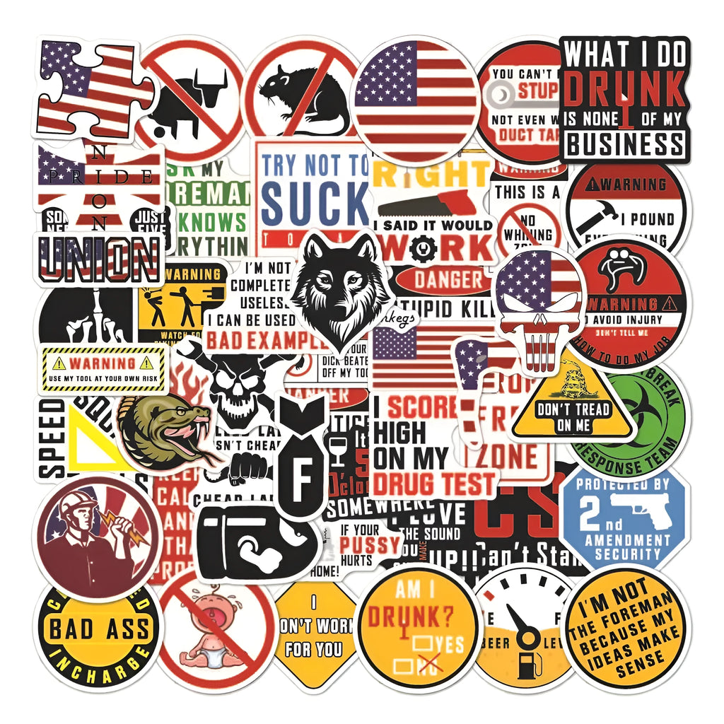 Pack of 50 waterproof PVC helmet stickers with bright film coating and four-colour printing.