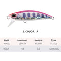 Tossing Japanese Submerged Mino fishing lure in a selection of colours, showing 48mm length and integrated hooks.