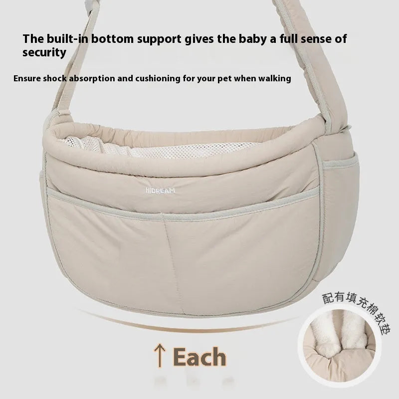 Nylon pet messenger bag for pets under 6kg with adjustable cross-body strap, shown in Almond Custard and Butter Pudding