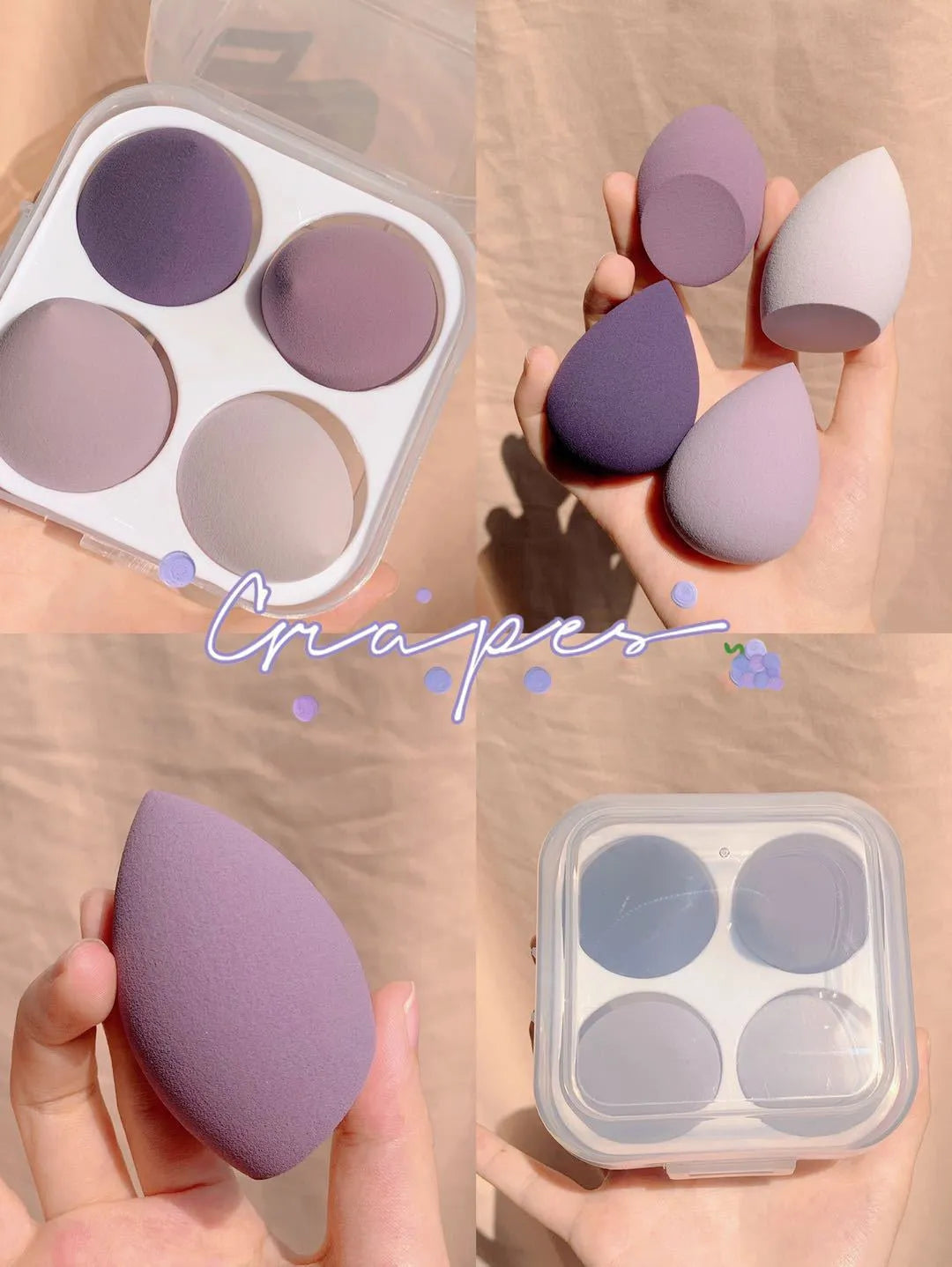 Set of four coloured synthetic makeup sponge eggs in grape, mango, mint, and peach.