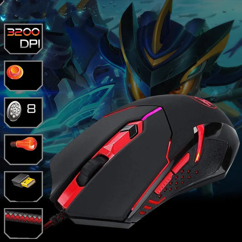 Black and red wired USB gaming mouse with six buttons and ergonomic shape on a desktop.