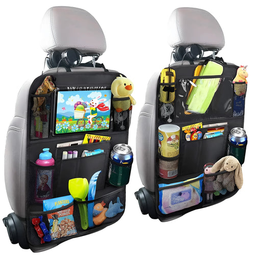Black car seat back storage pouch with 9 storage bags and transparent iPad touch screen pocket hanging on a car seat back
