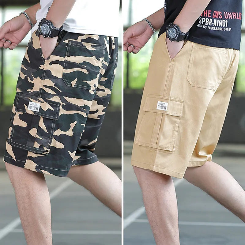 Men's loose casual sports trousers in black, khaki, army green, camouflage, sizes M-5XL, thin polyester blend.