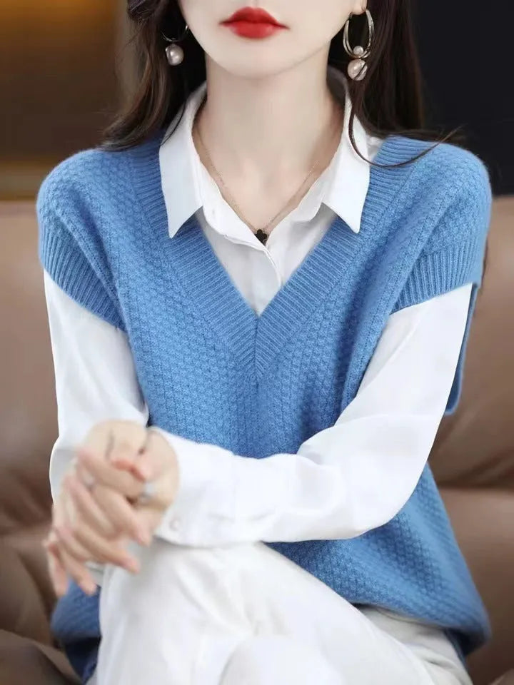 Women's V-neck sleeveless vest pullover with 3D pattern in acrylic knit, shown in multiple colour options