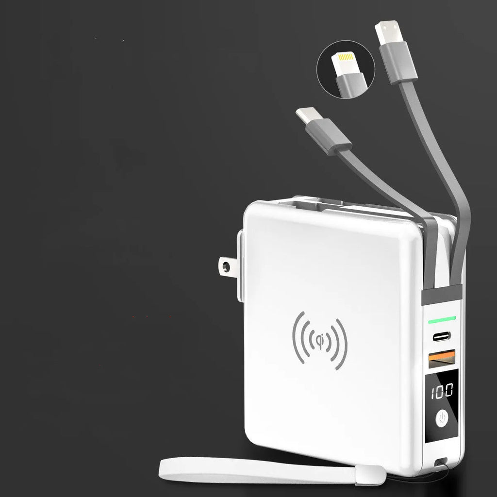 Black and white Super QI 10000mAh power bank with built-in plug and international travel adaptors set.
