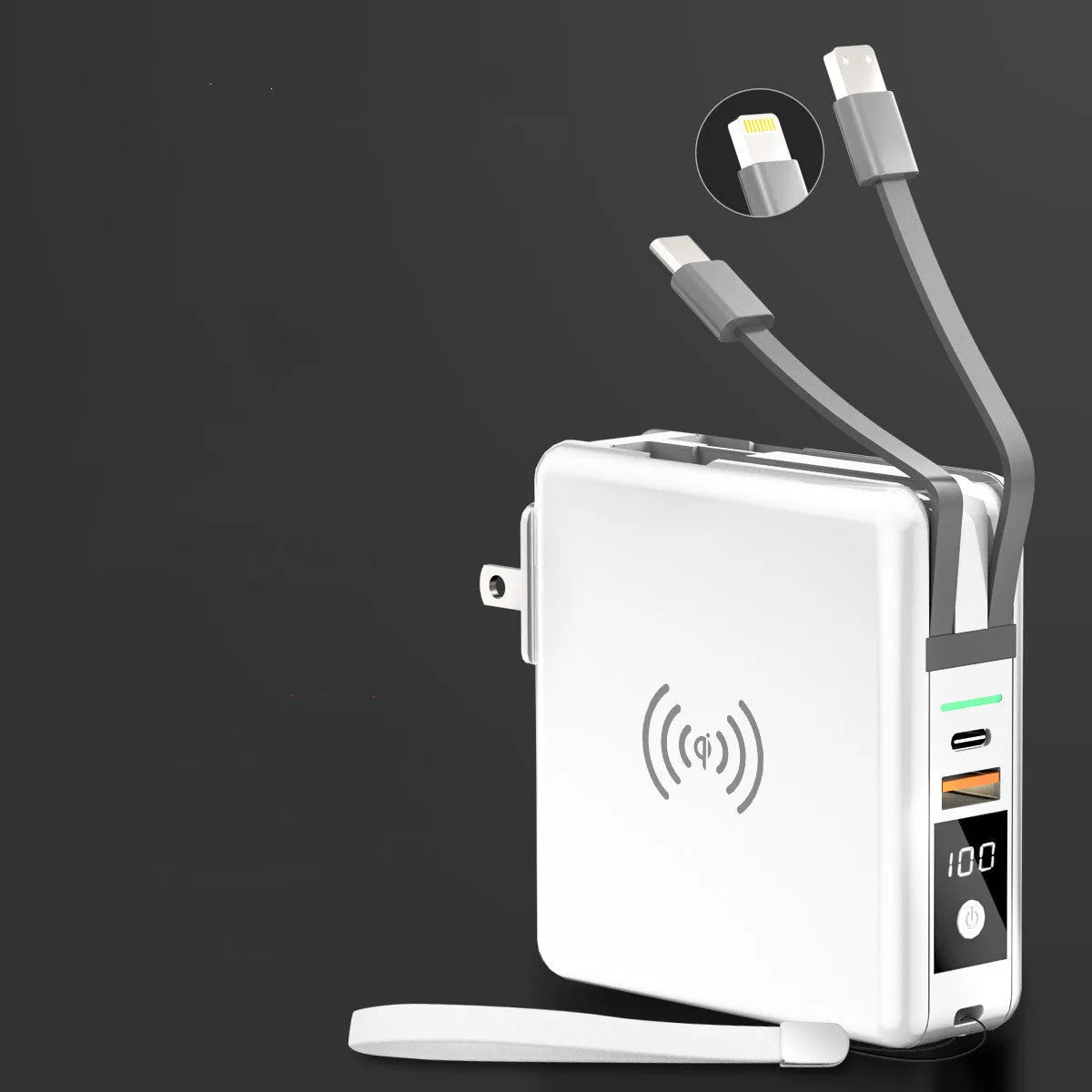 Black and white Super QI 10000mAh power bank with built-in plug and international travel adaptors set.