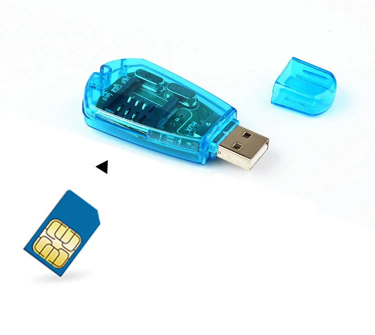 Blue plastic external USB SIM card reader for mobile phone data transfer and computer backup