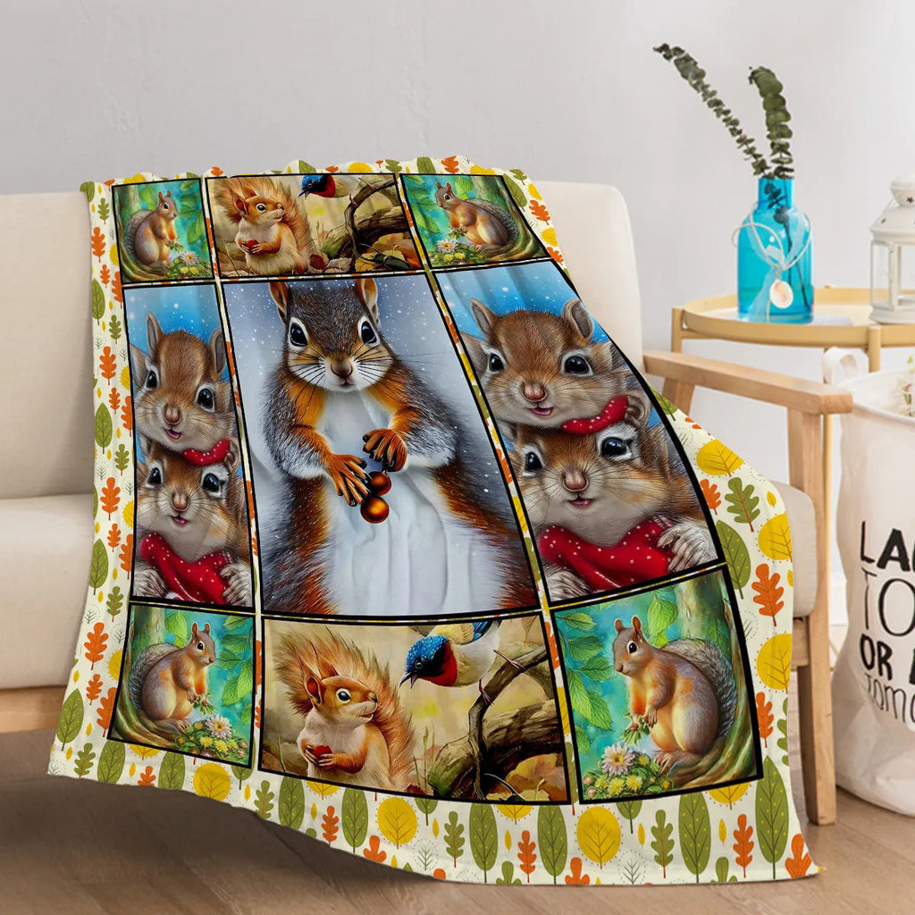 Yellow flannel blanket with white-bellied squirrel print, 130x150cm, folded on sofa