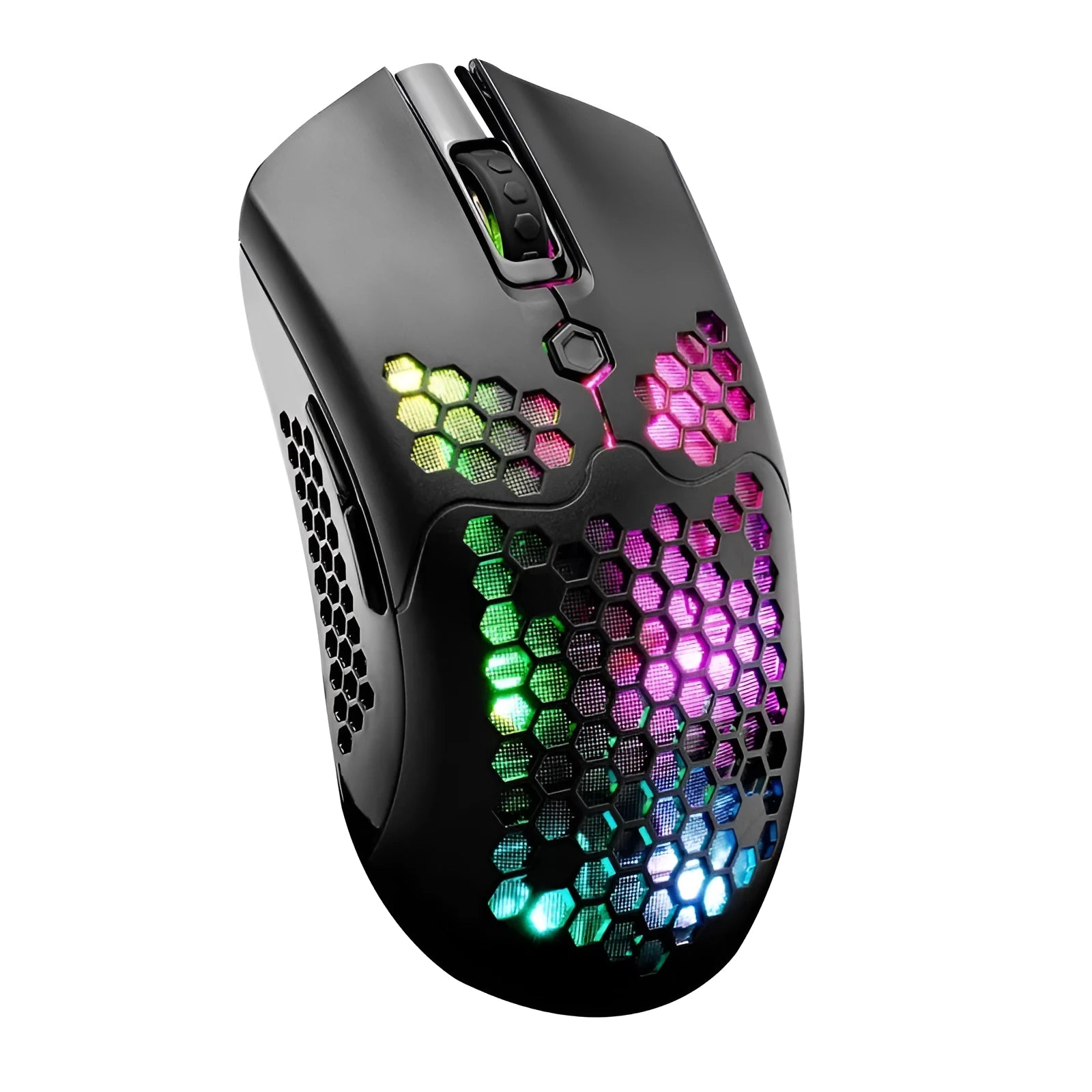 Free Wolf X2 wireless gaming mouse in black on a mouse mat, showing RGB lighting and side thumb buttons.