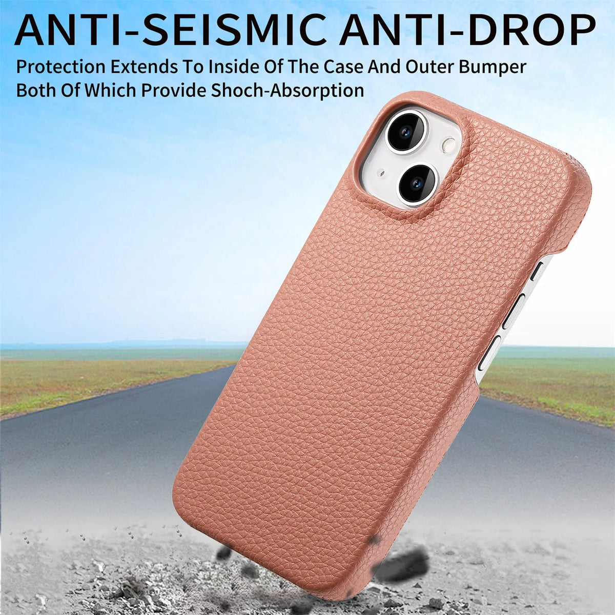 PU leather litchi grain iPhone case in matcha green with airbag and electroplating details