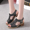 Women's black sandals with side zip and mid heel on a beef tendon sole.