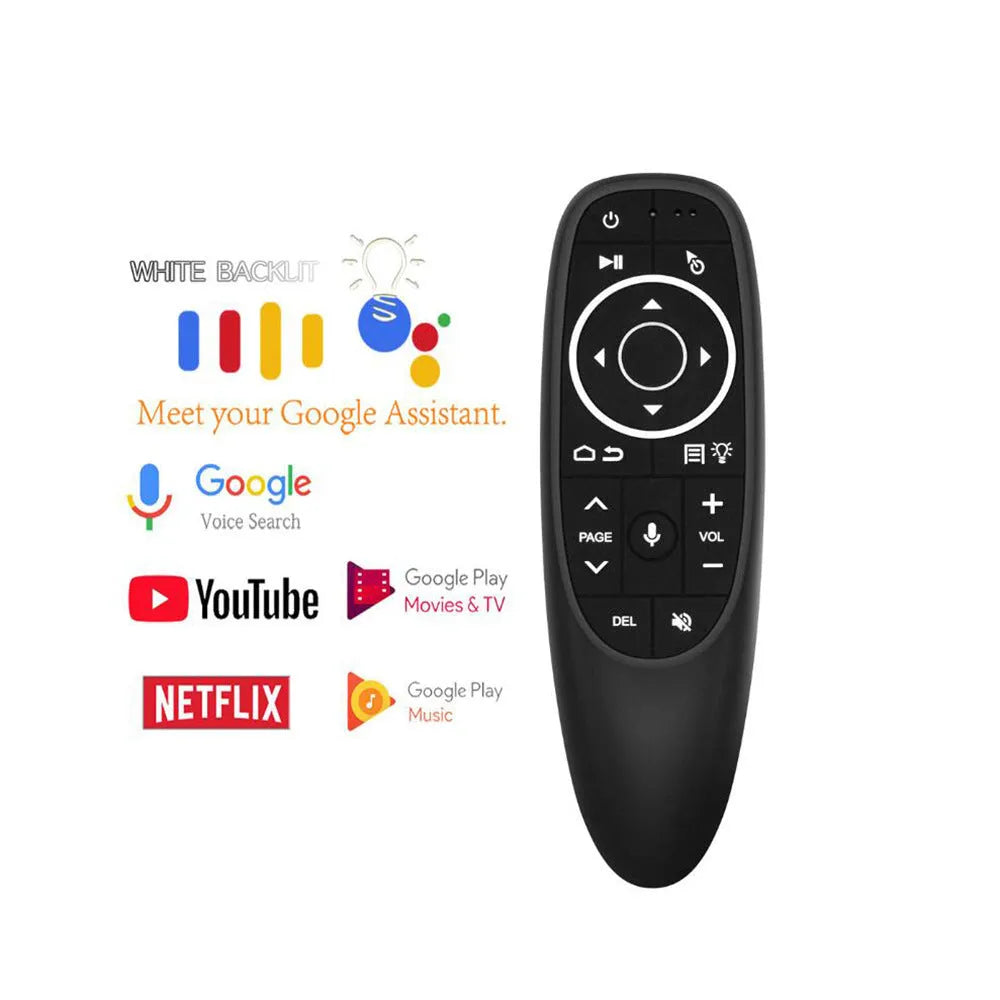 G10S intelligent voice remote control with plastic shell and silicone buttons, shown next to its packaging box.