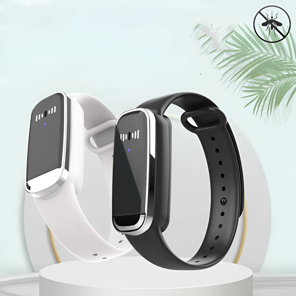 Black and white ultrasonic mosquito repellent bracelet for pregnancy and baby protection.