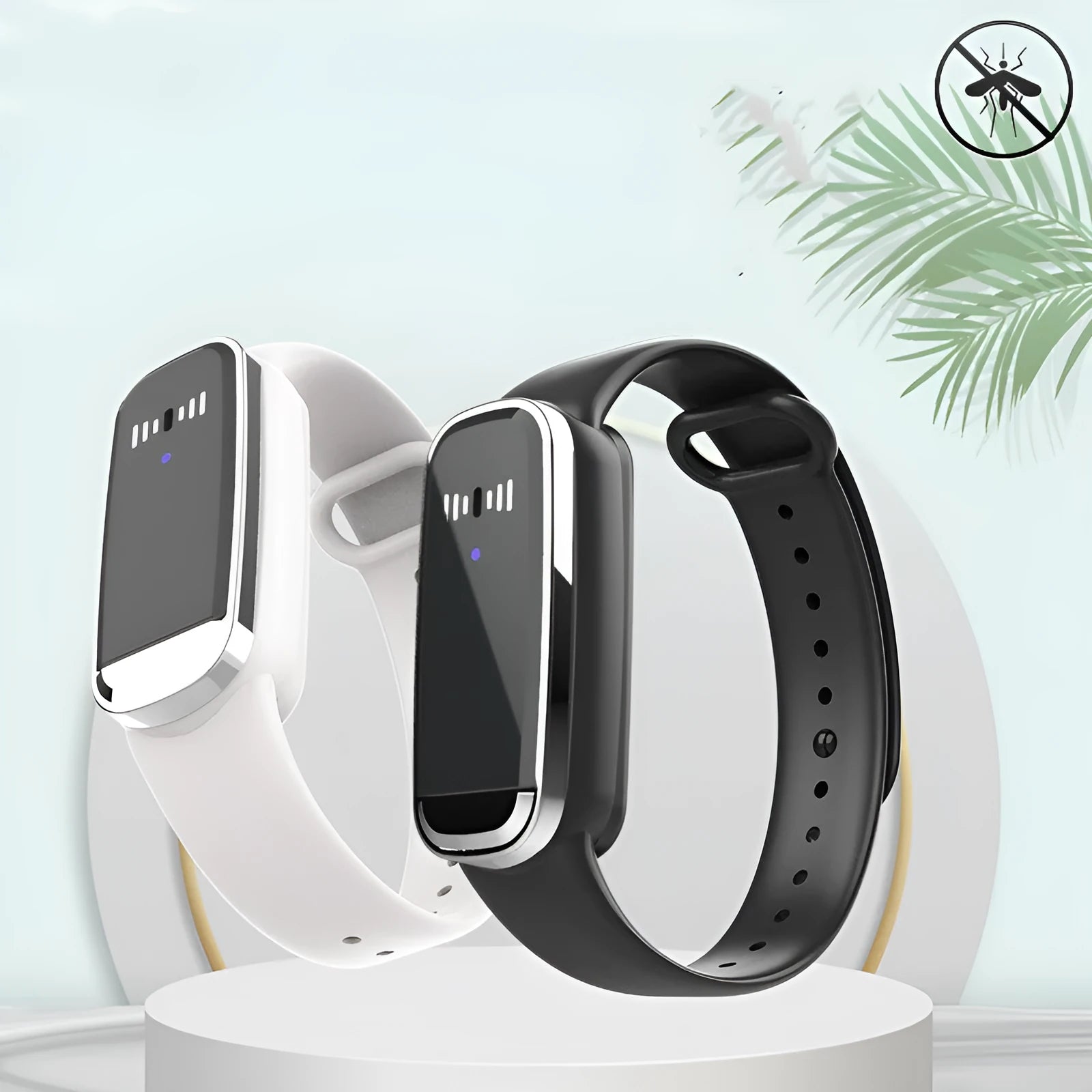 Black and white ultrasonic mosquito repellent bracelet for pregnancy and baby protection.
