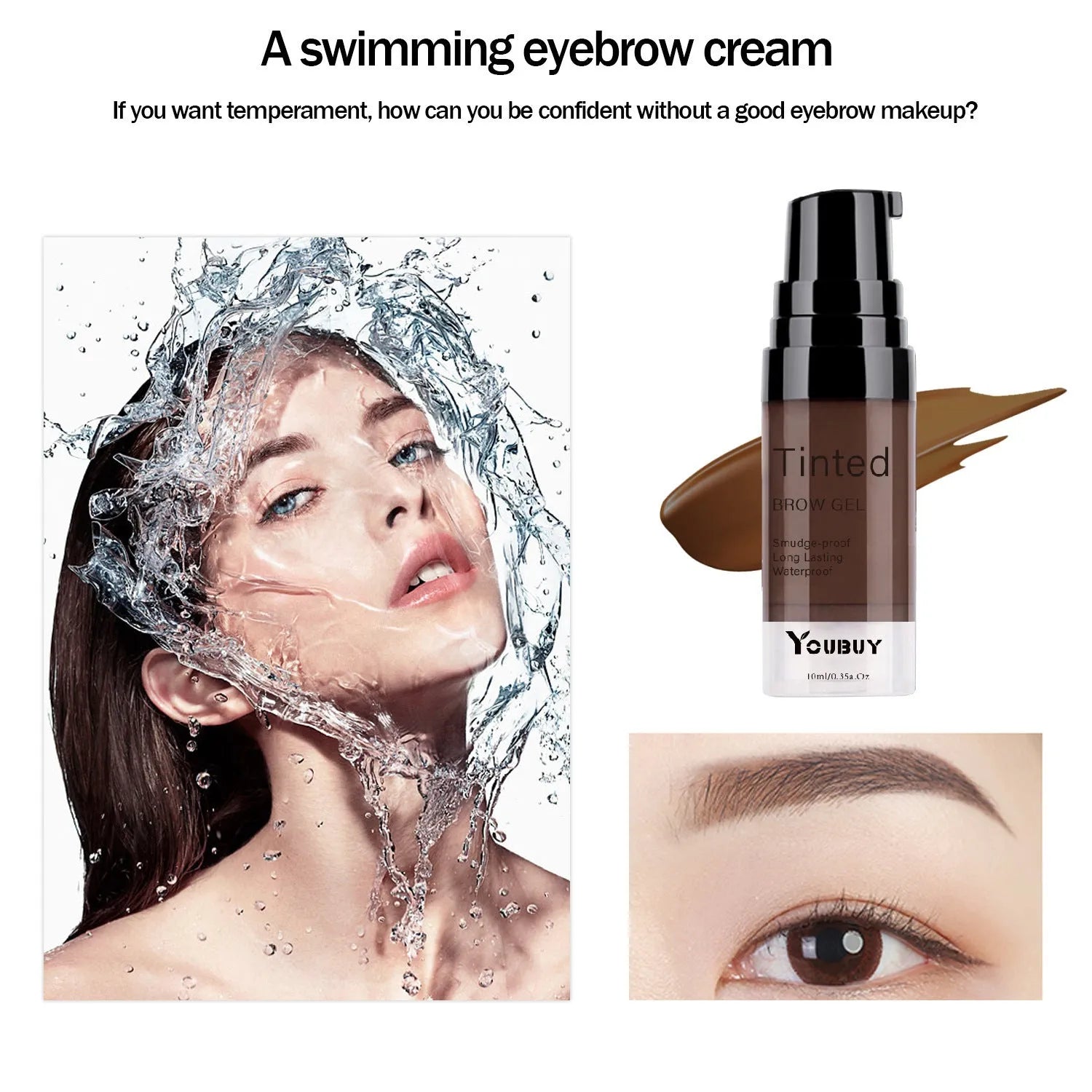 Waterproof brow cream in dark grey and golden yellow shades for quick-drying, long-lasting eyebrows