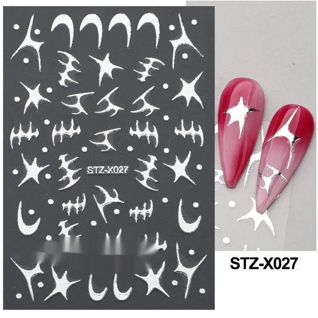 Cartoon-themed nail art sticker sheet with black and silver strip patterns and love motifs