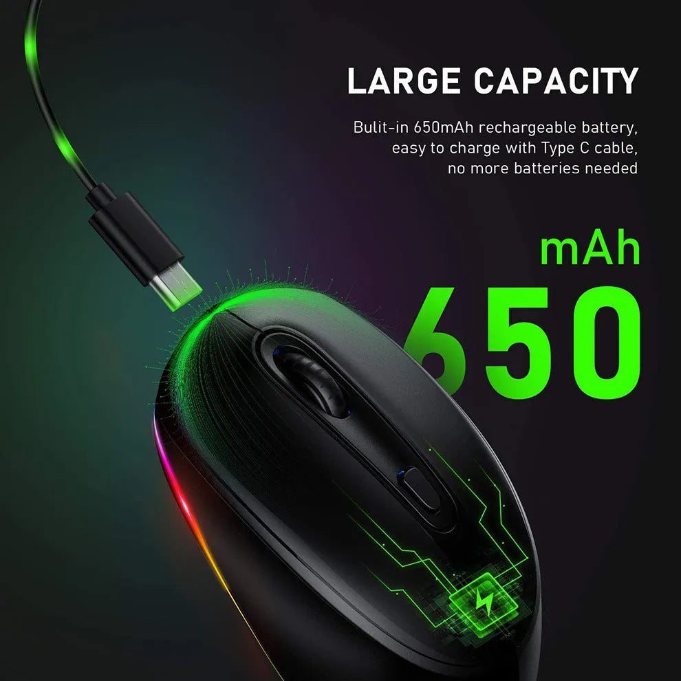 Lightweight 24g rechargeable wireless mouse for laptops, shown in various colour options.