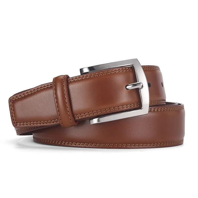 Men's black genuine leather belt with a silver alloy pin buckle shown on a flat surface