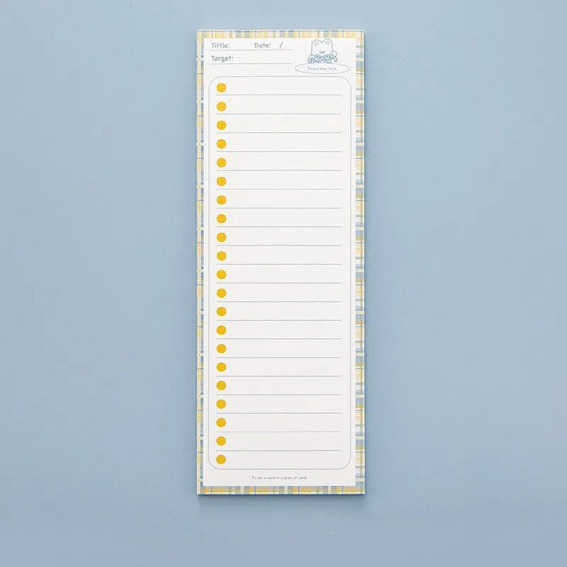 Simple Ins plastic cartoon notebook in blue, showing tall 90mm by 248mm size and double tape paper cover.