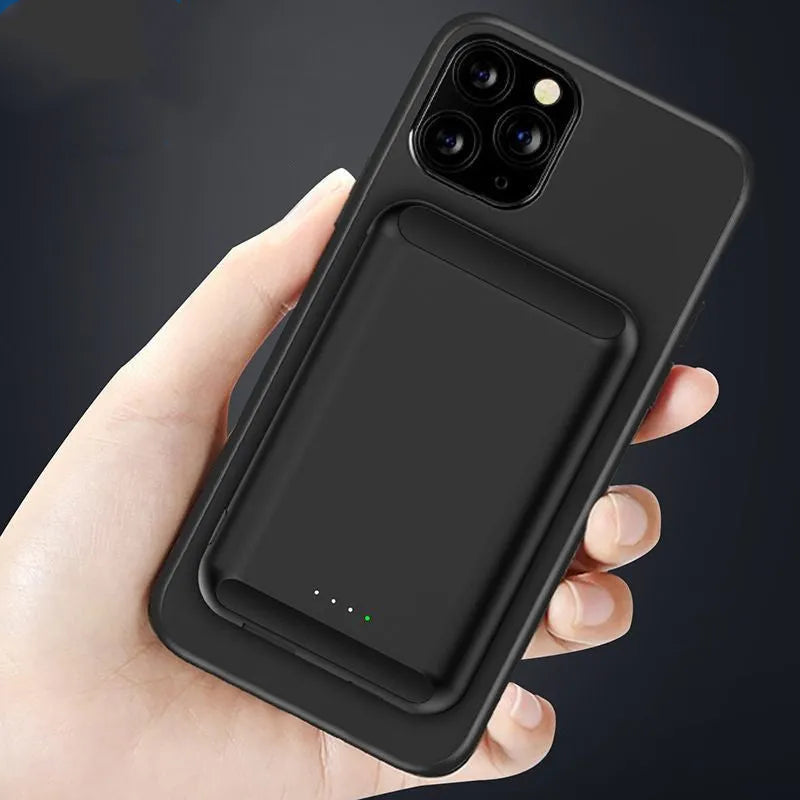 Magnetic wireless power bank in multiple colours showing dimensions 85mm by 55mm.