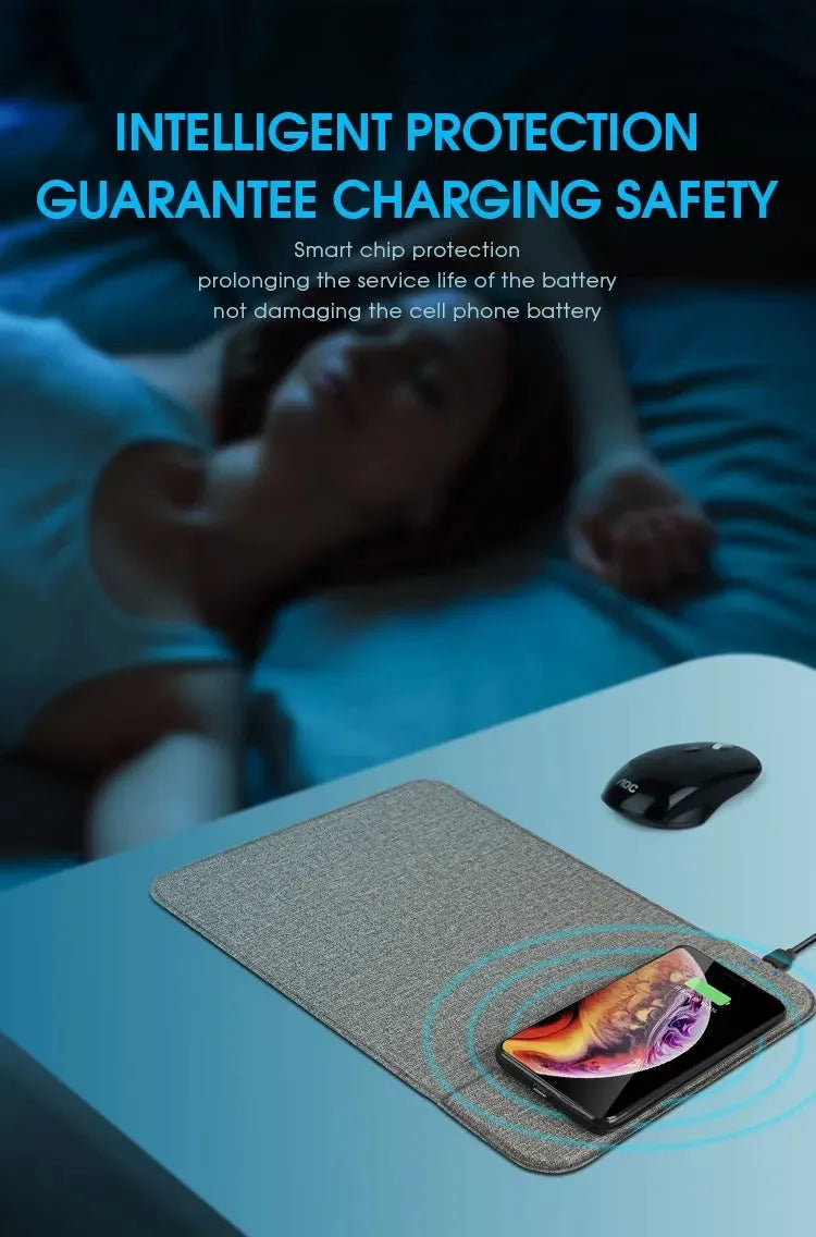 Grey foldable cloth phone holder with integrated wireless charger, showing a mobile phone standing on it at an angle.