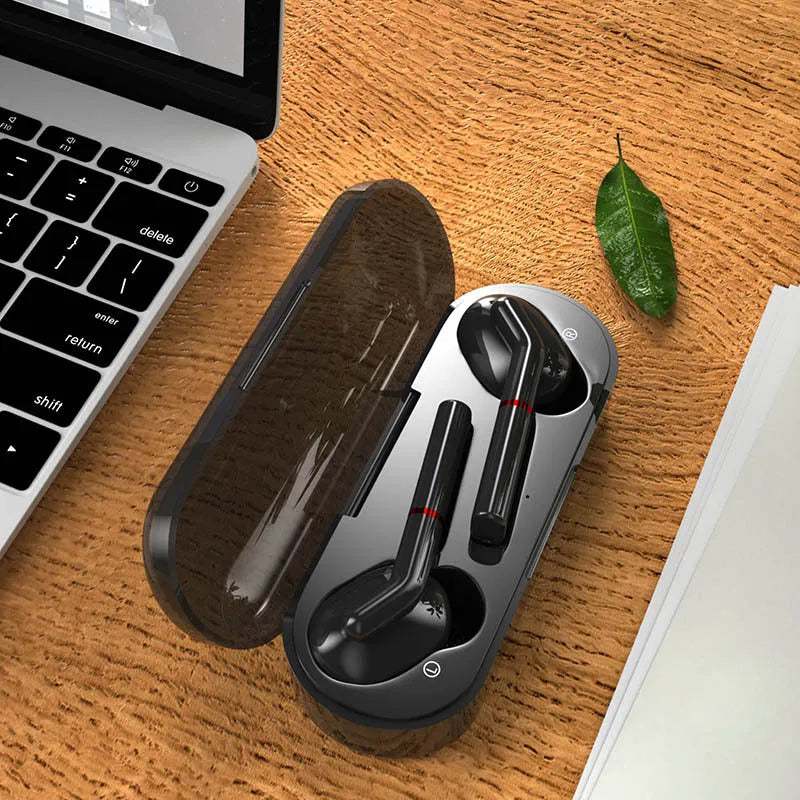 Black and white VV1 Bluetooth earphones with a compact charging case.