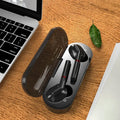 Black and white VV1 Bluetooth earphones with a compact charging case.