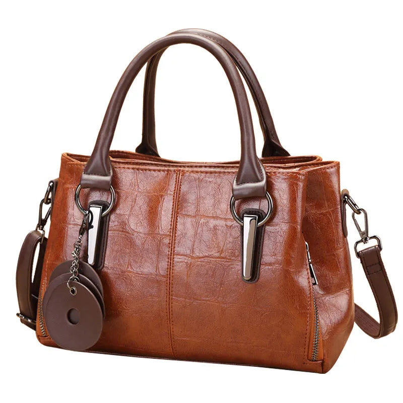 Large horizontal square PU shoulder bag with contrasting stitching and multiple internal compartments