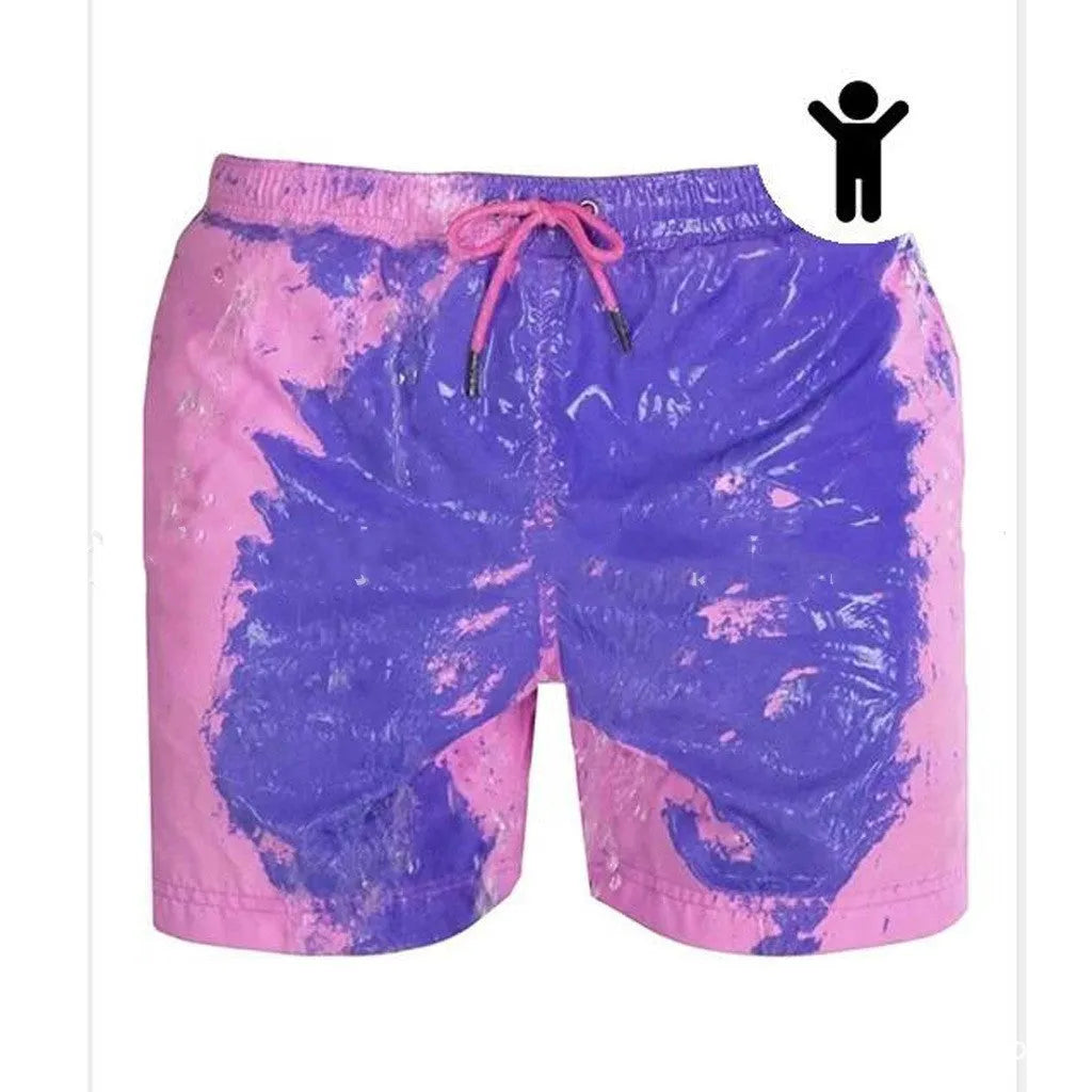 Magical colour-changing beach shorts for men in blue, with drawstring waist and quick-dry polyester fabric