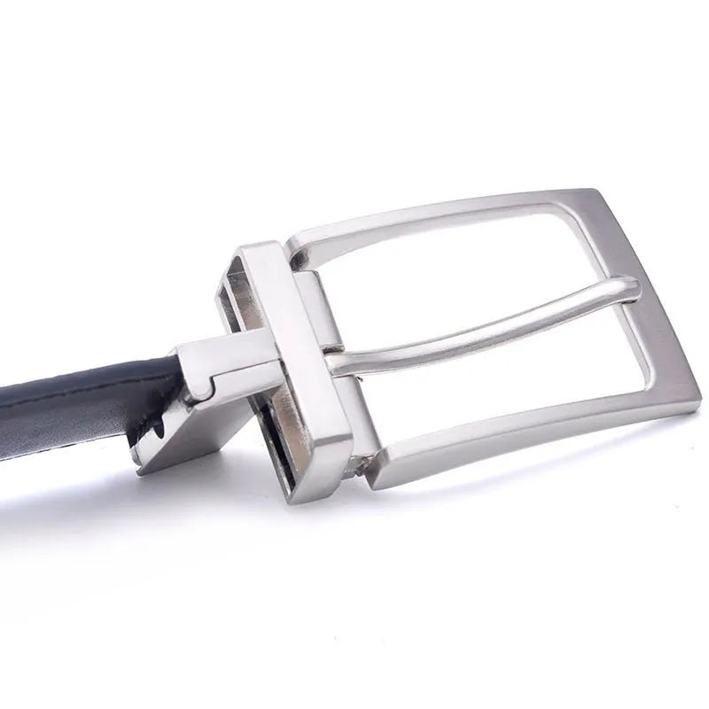 Men's dark brown and black genuine leather belt with a silver rotating pin buckle on a white background.