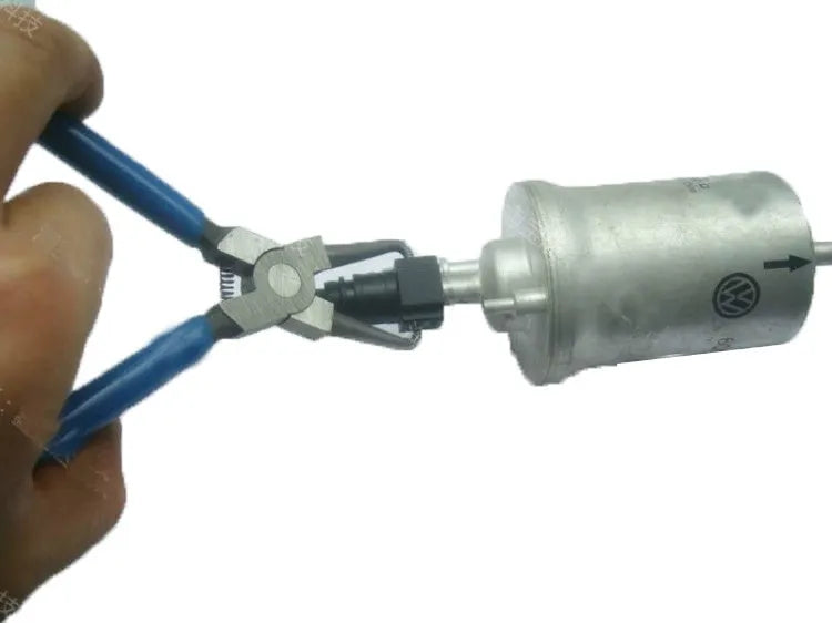 Iron caliper tubing pliers with rubber-coated handles, shown in two sizes for fuel line maintenance.