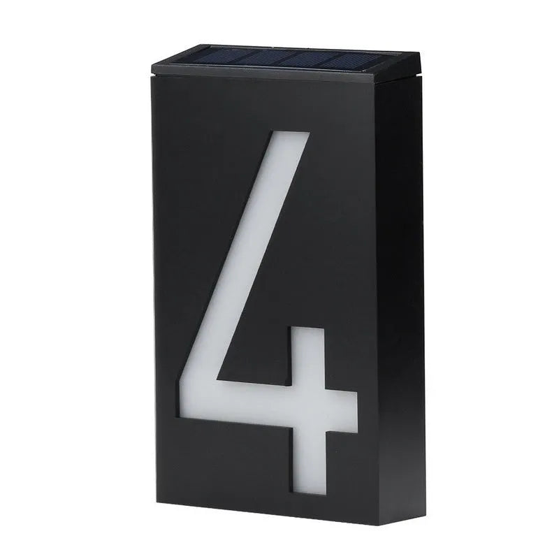 Solar powered outdoor house number light with white LEDs and waterproof ABS housing