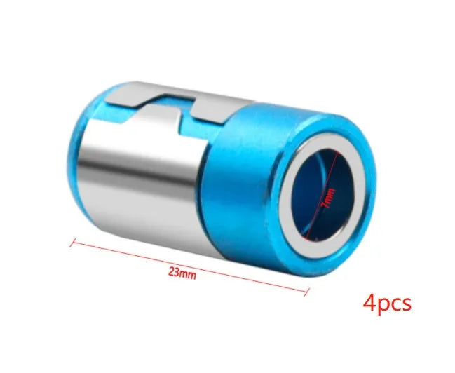 Light blue screwdriver bit with magnetic ring for slotted screw assembly