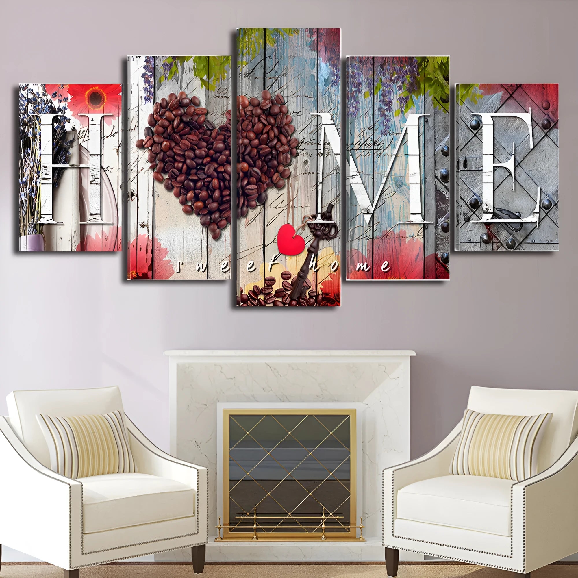 Red oil painting style wall panels in graduated sizes for coordinated home decoration