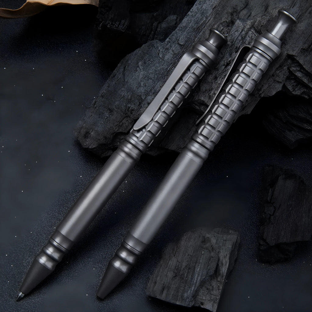 Gunmetal grey titanium alloy push-action pen with 0.5mm nib and gift box packaging