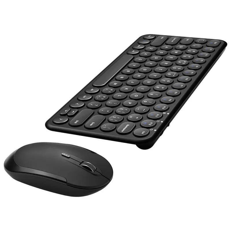 White ultra-thin wireless keyboard and mouse with USB receiver on a wooden desk