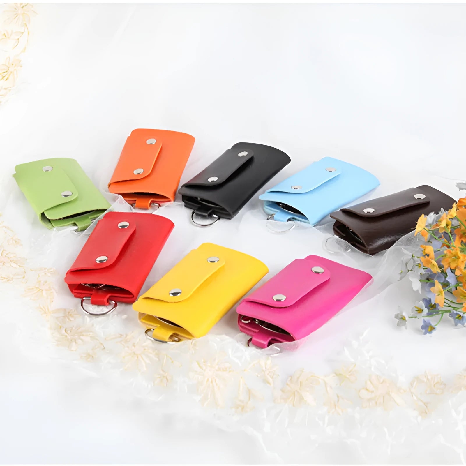 Colourful button closure PU leather key case in square vertical shape with soft plain finish