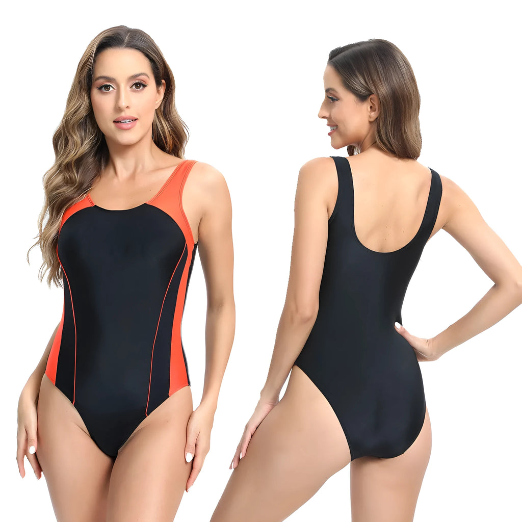 A blue, tight-fitting, conservative one-piece swimsuit for women on a mannequin.
