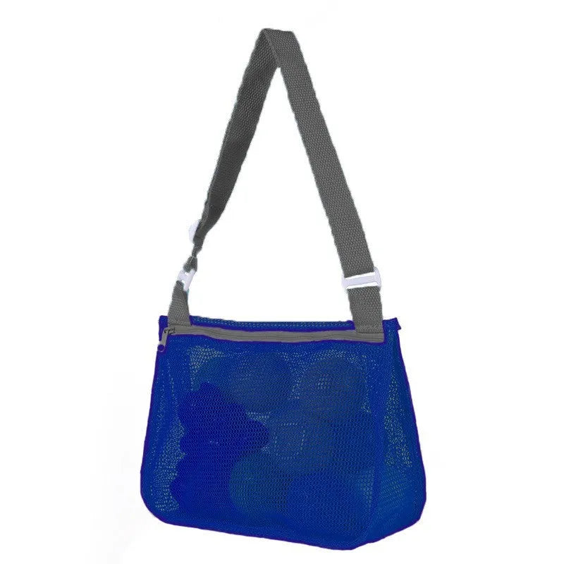 Blue nylon mesh travel storage bag with black handle and zip seal for children's clothing organisation