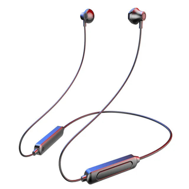 Black neck-mounted wireless sports earphones with bilateral earpieces and custom logo area.
