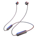 Black neck-mounted wireless sports earphones with bilateral earpieces and custom logo area.