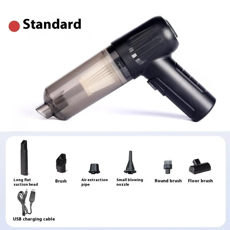 Handheld cordless pet hair vacuum cleaner with floor brush, flat nozzle, and brush attachment on a grey background.