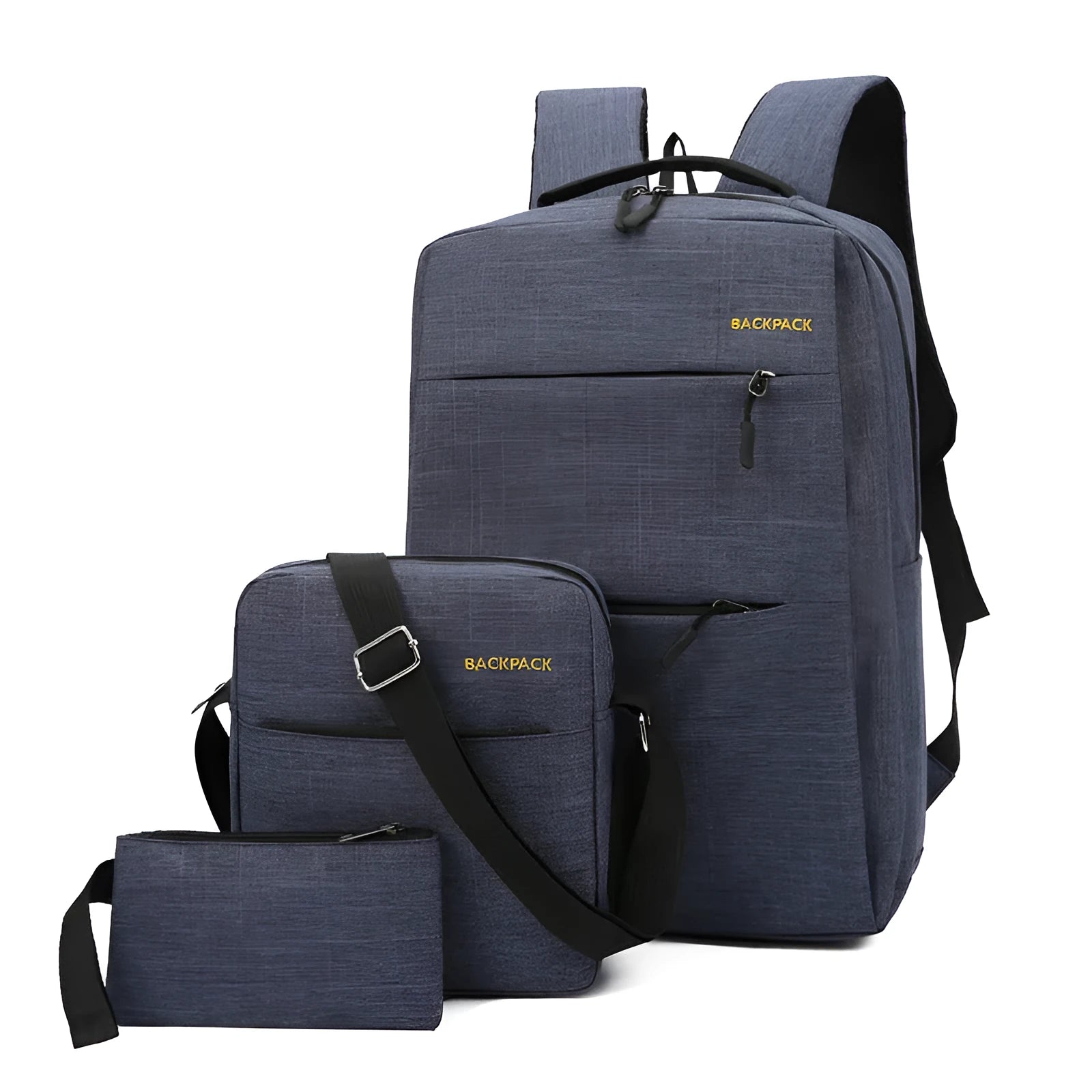 Three square men's backpacks in solid colours showing USB port, multiple compartments, and padded straps.